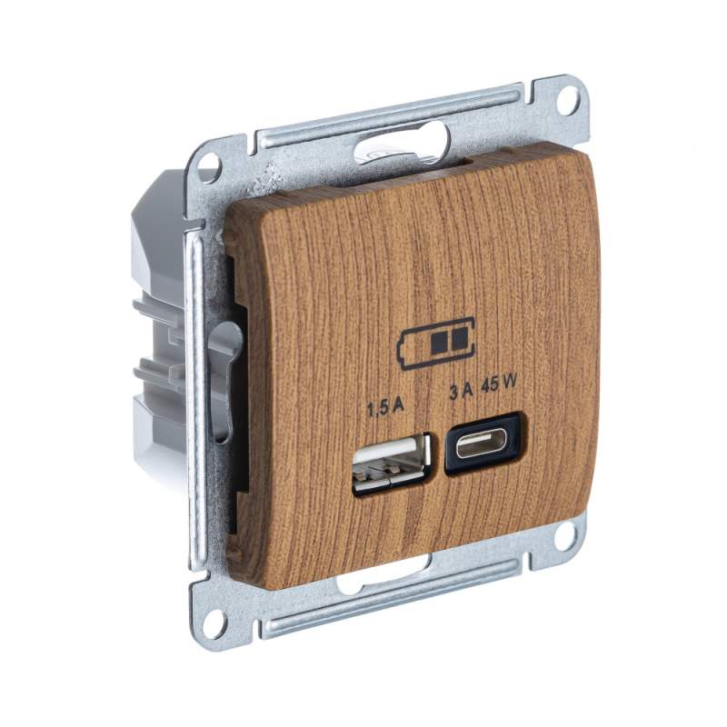 Розетка USB Systeme Electric серии Glossa А + тип-С 45Вт высокоскор.заряд. QC, PD, механизм, ДЕРЕВО ДУБ GSL000529  фото | Capital Power - инженерные системы