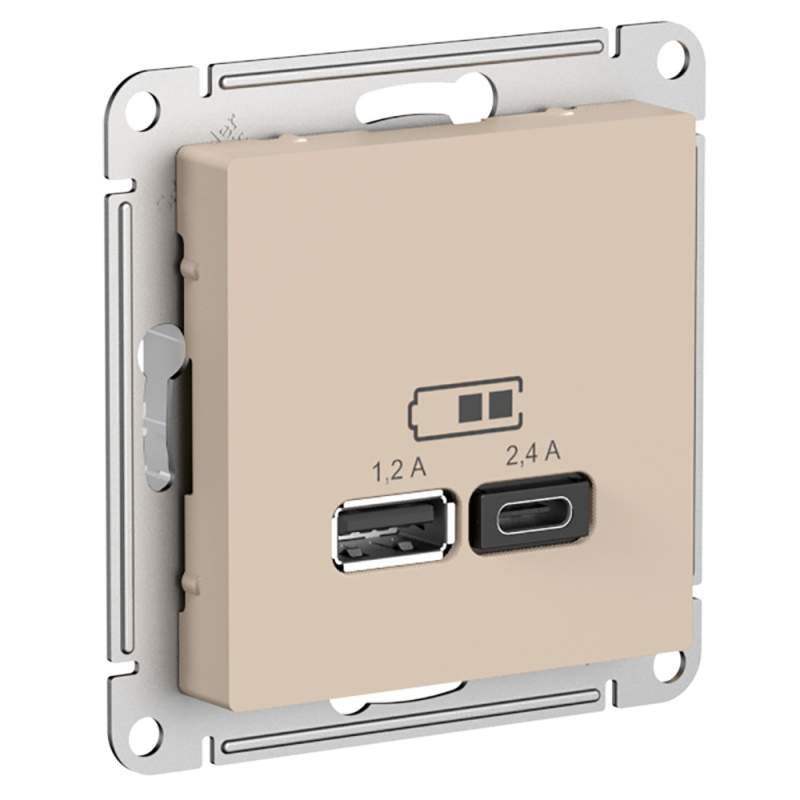 Розетка USB Systeme Electric серии AtlasDesign A+С, 5В/2,4А, 2Х5В/1,2А, Механизм, Песочный ATN001239  фото | Capital Power - инженерные системы