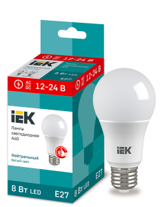 Лампа светодиодная A60 груша 8Вт 12-24В 4000К E27 IEK LLE-A60-08-12-24-40-E27  фото | Capital Power - инженерные системы