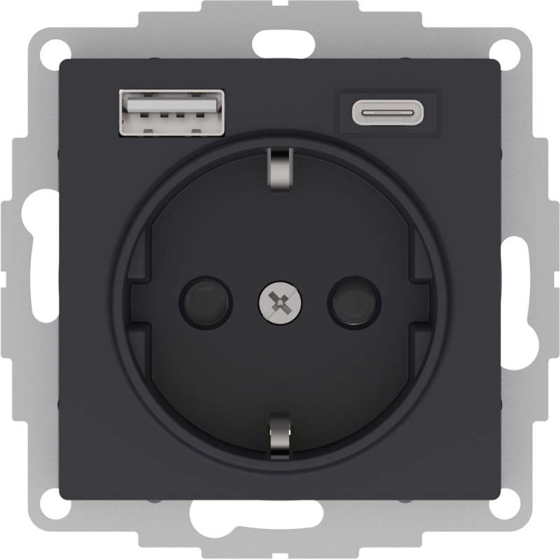 Розетка Systeme Electric серии AtlasDesign 16А C 2 Usb A+С, 5В/2,4А/3,0А, 2Х5В/1,5А, Механизм, Карбон ATN001032  фото | Capital Power - инженерные системы
