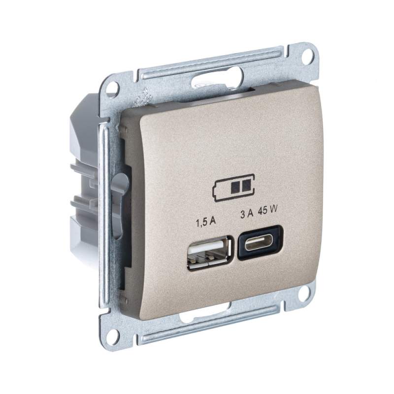 Розетка USB Systeme Electric серии Glossa А + тип-С 45Вт высокоскор.заряд. QC, PD, механизм, ТИТАН GSL000429  фото | Capital Power - инженерные системы