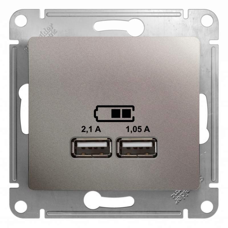Розетка USB Systeme Electric серии Glossa A+A, 5В/2,1 А, 2х5В/1,05 А, механизм, ПЛАТИНА GSL001233  фото | Capital Power - инженерные системы