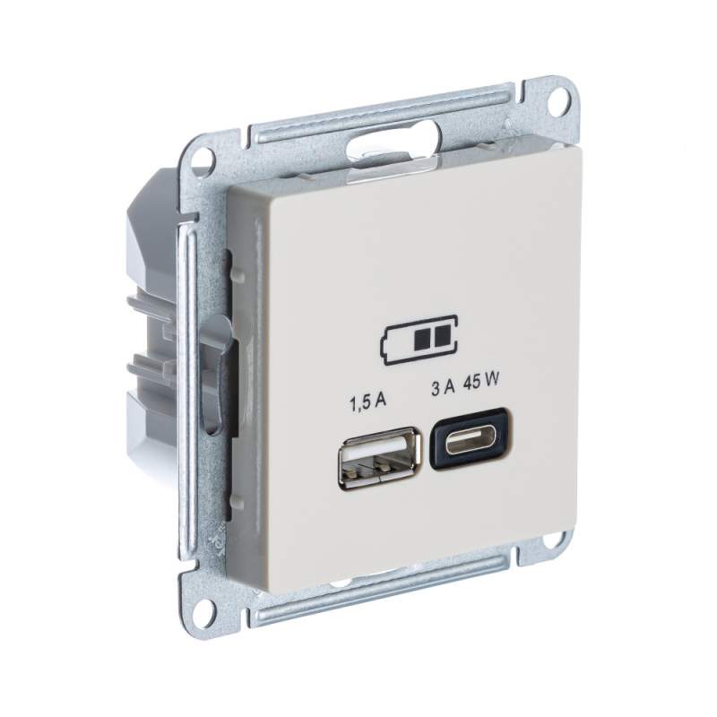 Розетка USB Systeme Electric серии AtlasDesign A + Тип-C 45Вт Высокоскор.Заряд. Qc,Pd, Мех., Бежевый ATN000229  фото | Capital Power - инженерные системы
