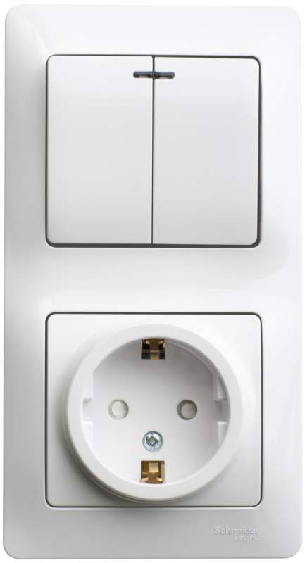 Блок Systeme Electric серии Glossa: РОЗЕТКА с зазем. со шт. + 2-клавишный ВЫКЛЮЧАТЕЛЬ с подсвет. БЕЛЫЙ GSL000175  фото | Capital Power - инженерные системы
