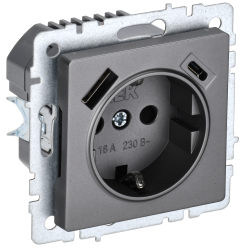 Розетка 1-местная с заземлением с защитными шторками 16А с USB A+C 18Вт РЮш11-1-БрС сталь IEK серии BRITE BR-R14-16-U22-018-K46  фото | Capital Power - инженерные системы