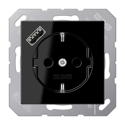 Розетка Jung A серия черная SCHUKO® с 1 USB-портом типа A A1520-18ASW A1520-18ASW  фото | Capital Power - инженерные системы