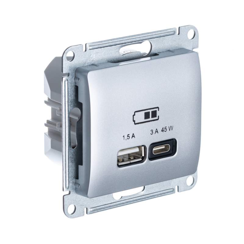 Розетка USB Systeme Electric серии Glossa А + тип-С 45Вт высокоскор.заряд. QC, PD, механизм, АЛЮМИНИЙ GSL000329  фото | Capital Power - инженерные системы
