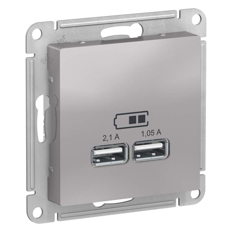 Розетка USB Systeme Electric серии AtlasDesign A+A, 5В/2,1 А, 2Х5В/1,05 А,Механизм, Алюминий ATN000333  фото | Capital Power - инженерные системы