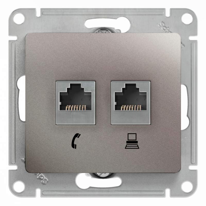 Розетка Systeme Electric серии Glossa двойная RJ11+RJ45, кат.5Е,механизм, ПЛАТИНА GSL001285  фото | Capital Power - инженерные системы
