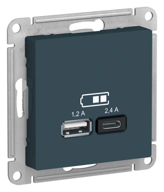 Розетка USB Systeme Electric серии AtlasDesign А+С, 5В/2,4 А, 2Х5В/1,2 А, Механизм, Изумруд ATN000839  фото | Capital Power - инженерные системы