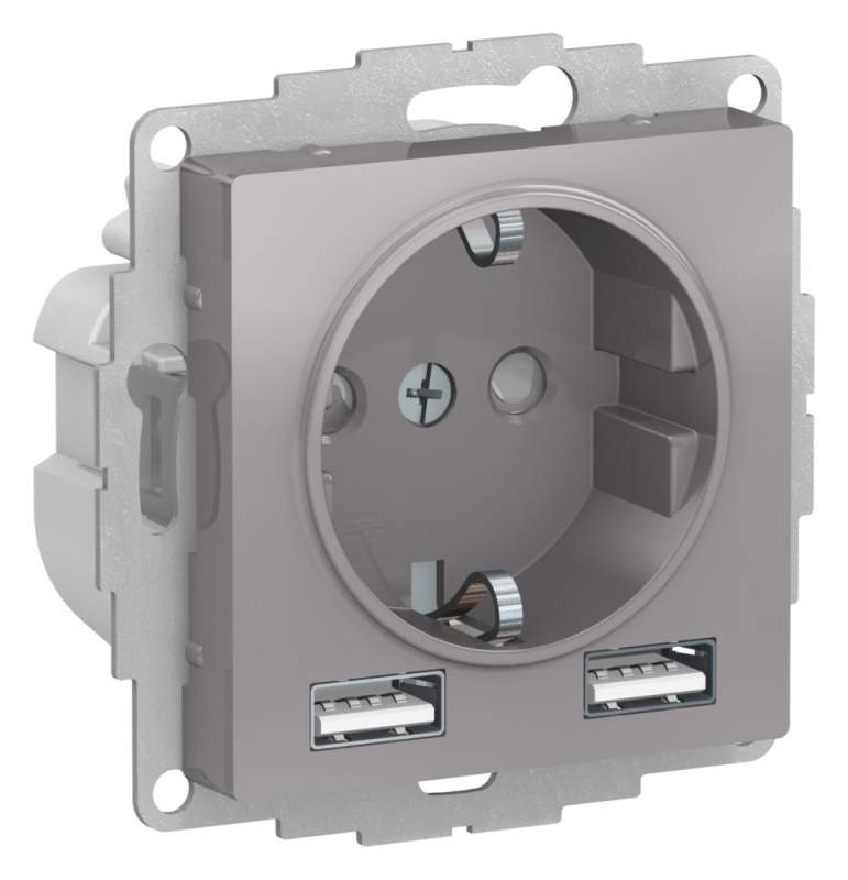Розетка Systeme Electric серии AtlasDesign 16А C 2 Usb A+A, 5В/2,4А, 2Х5В/1,2А, Механизм, Алюминий ATN000330  фото | Capital Power - инженерные системы