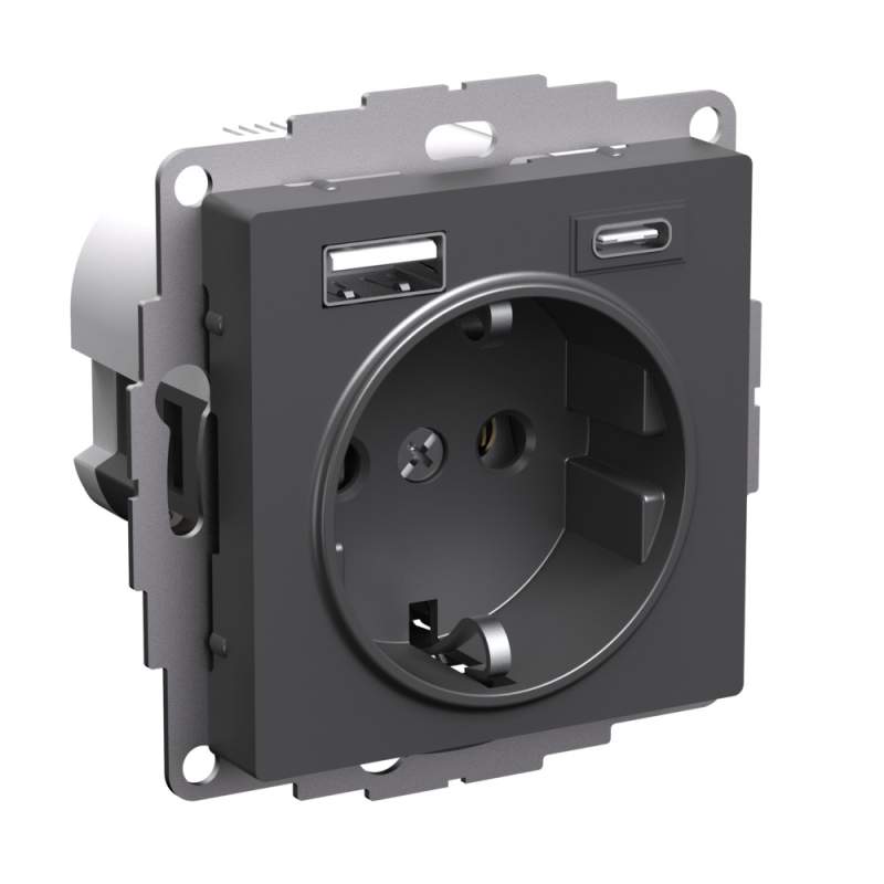 Розетка Systeme Electric серии AtlasDesign 16А С 2 Usb A+C, 5В/2,4А/3,0А, 2Х5В/1,5А, Механизм, Базальт ATN001432  фото | Capital Power - инженерные системы