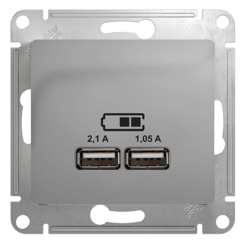 Розетка USB Systeme Electric серии Glossa A+A, 5В/2,1 А, 2х5В/1,05 А, механизм, АЛЮМИНИЙ GSL000333  фото | Capital Power - инженерные системы