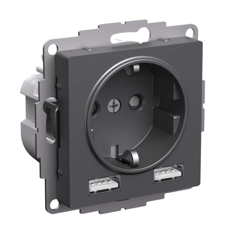 Розетка Systeme Electric серии AtlasDesign 16А C 2 Usb A+A, 5В/2,4А, 2Х5В/1,2А, Механизм, Базальт ATN001430  фото | Capital Power - инженерные системы