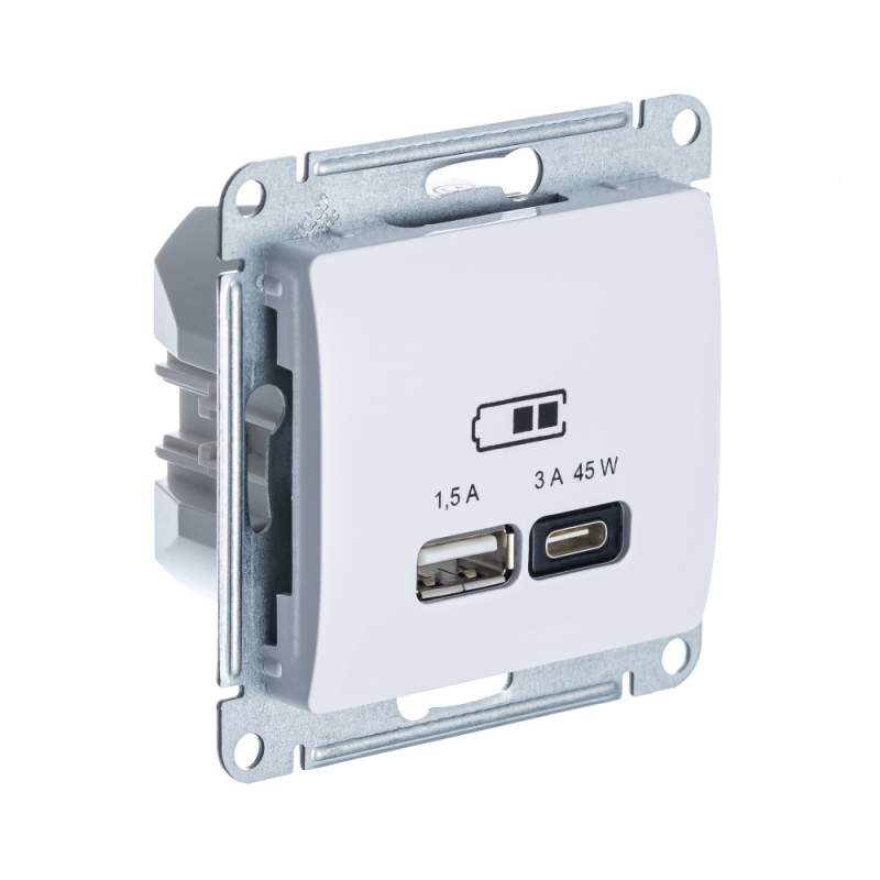 Розетка USB Systeme Electric серии Glossa А + тип-С 45Вт высокоскорост. зарядка QC, PD, механизм, БЕЛЫЙ GSL000129  фото | Capital Power - инженерные системы