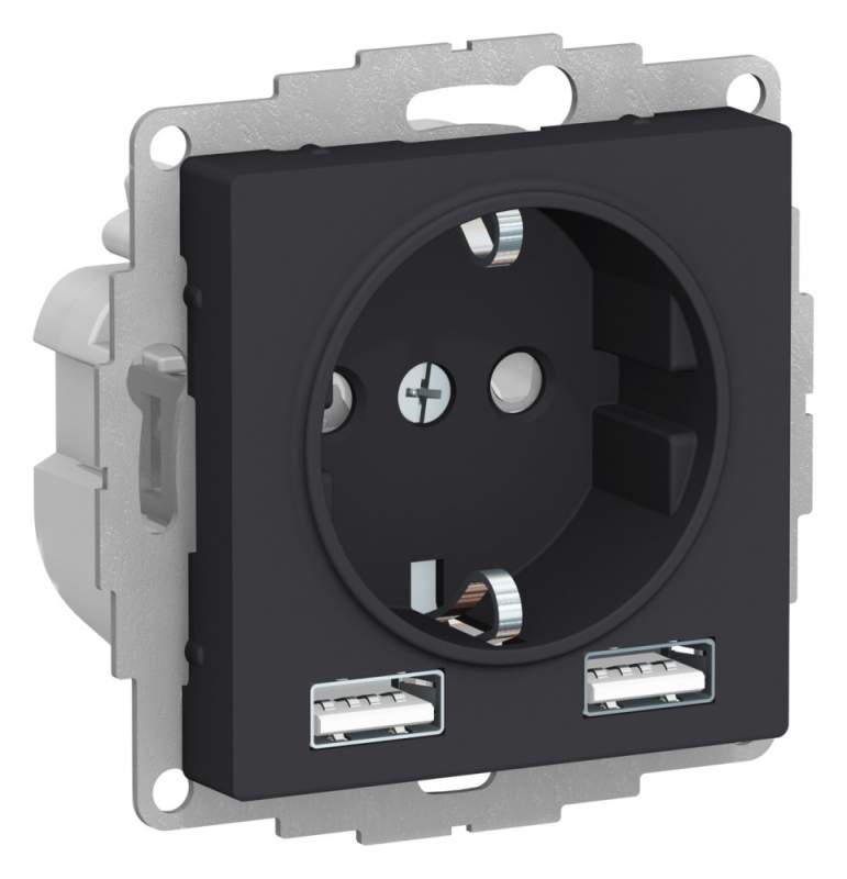 Розетка Systeme Electric серии AtlasDesign 16А C 2 Usb A+A, 5В/2,4А, 2Х5В/1,2 А, Механизм, Карбон ATN001030  фото | Capital Power - инженерные системы