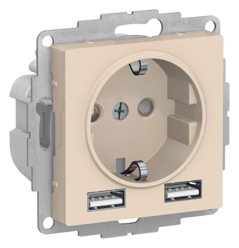 Розетка Systeme Electric серии AtlasDesign 16А C 2 Usb A+A, 5В/2,4А, 2Х5В/1,2А, Механизм, Бежевый ATN000230  фото | Capital Power - инженерные системы