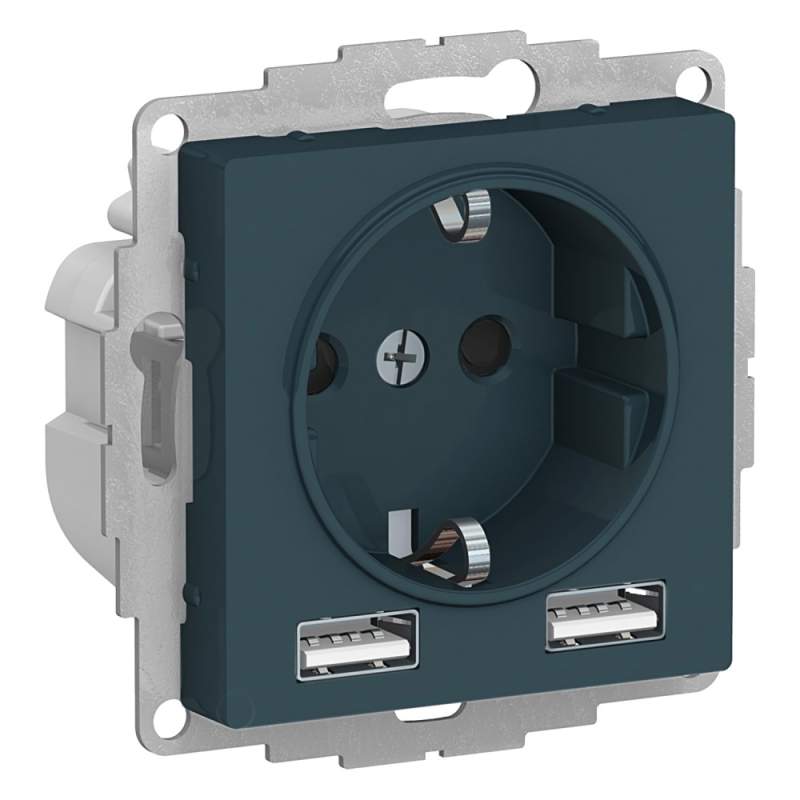 Розетка Systeme Electric серии AtlasDesign 16А C 2 Usb A+A, 5В/2,4 А, 2Х5В/1,2 А, Механизм, Изумруд ATN000830  фото | Capital Power - инженерные системы