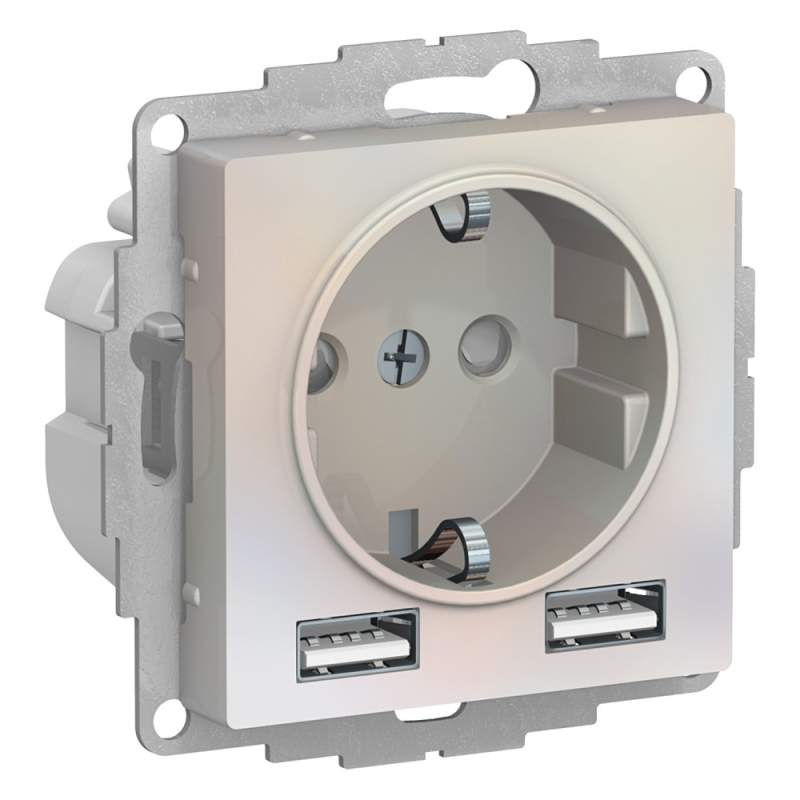 Розетка Systeme Electric серии AtlasDesign 16А C 2 Usb A+A, 5В/2,4А, 2Х5В/1,2А, Механизм, Жемчуг ATN000430  фото | Capital Power - инженерные системы
