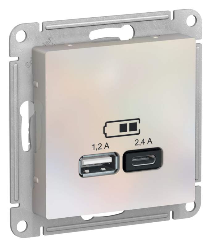 Розетка USB Systeme Electric серии AtlasDesign А+С, 5В/2,4А, 2Х5В/1,2А, Механизм, Жемчуг ATN000439  фото | Capital Power - инженерные системы