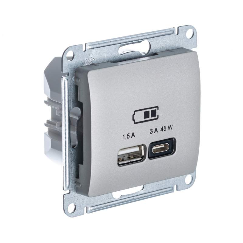 Розетка USB Systeme Electric серии Glossa А + тип-С 45Вт высокоскор.заряд. QC, PD, механизм, ПЛАТИНА GSL001229  фото | Capital Power - инженерные системы