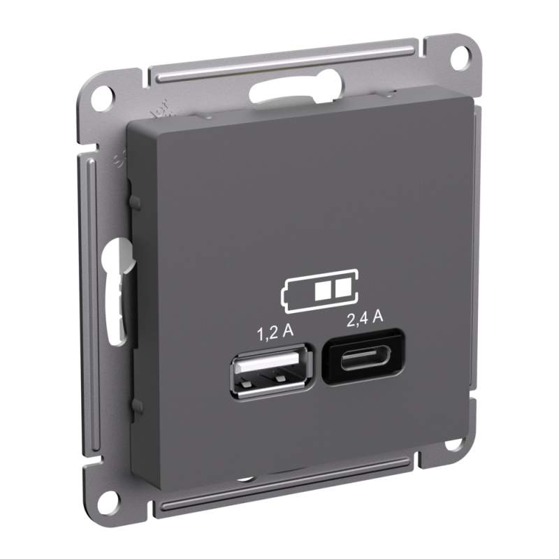 Розетка USB Systeme Electric серии AtlasDesign A+С, 5В/2,4А, 2Х5В/1,2А, Механизм, Базальт ATN001439  фото | Capital Power - инженерные системы