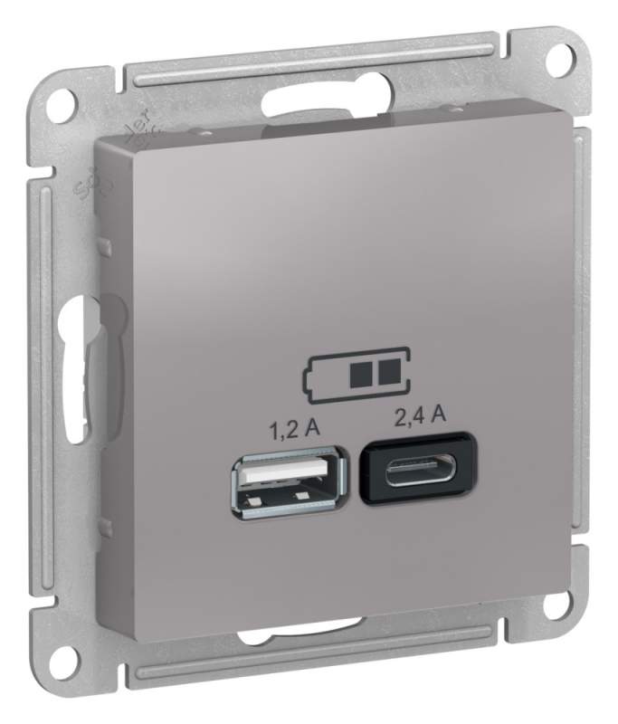 Розетка USB Systeme Electric серии AtlasDesign А+С, 5В/2,4А, 2Х5В/1,2А, Механизм, Алюминий ATN000339  фото | Capital Power - инженерные системы