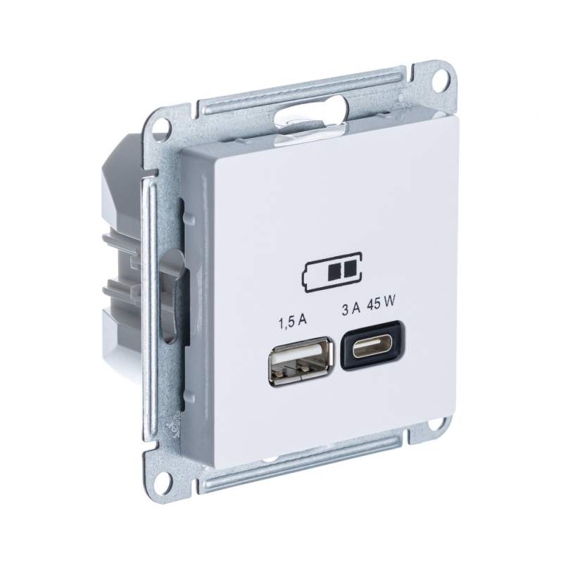Розетка USB Systeme Electric серии AtlasDesign A + Тип-C 45Вт Высокоскор.Заряд. Qc, Pd, Механизм, Белый ATN000129  фото | Capital Power - инженерные системы
