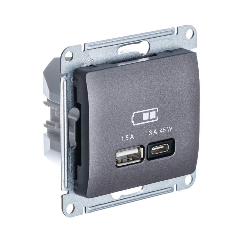 Розетка USB Systeme Electric серии Glossa А + тип-С 45Вт высокоскор.заряд. QC, PD, механизм, ГРАФИТ GSL001329  фото | Capital Power - инженерные системы
