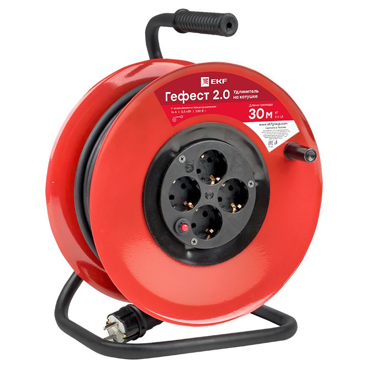 Удлинитель на катушке "Гефест 2,0" 4 гнезда 30м с заземлением и предохранителем КГ 3*1,5 16А/3,5кВт PROxima UKG02-16-R315-4-30  фото | Capital Power - инженерные системы