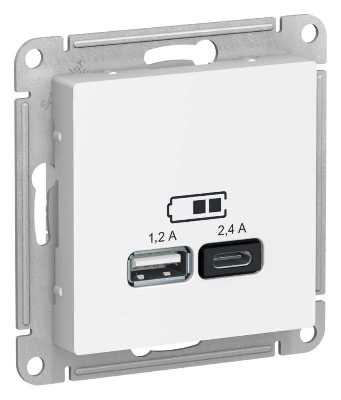 Розетка USB Systeme Electric серии AtlasDesign A+С, 5В/2,4А, 2Х5В/1,2А, Механизм, Лотос ATN001339  фото | Capital Power - инженерные системы