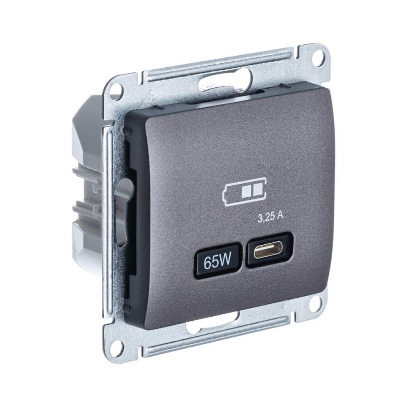 Розетка USB Systeme Electric серии Glossa тип-C 65Вт высокоскор.заряд. QC, PD, механизм, ГРАФИТ GSL001327  фото | Capital Power - инженерные системы