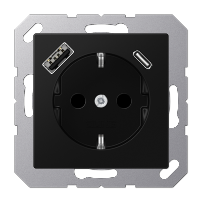 Розетка Jung A серия матовый чёрный графит SCHUKO® с USB-интерфейсом с 1 гнездо USB типа A и 1 гнездо USB типа C A1520-15CASWM A1520-15CASWM  фото | Capital Power - инженерные системы