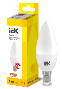 Лампа светодиодная ALFA C35 свеча 8Вт 230В 3000К E14 (6шт) IEK LLA-C35-8-230-30-E14-6  фото | Capital Power - инженерные системы