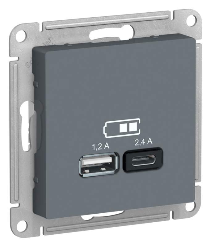Розетка USB Systeme Electric серии AtlasDesign А+С, 5В/2,4А, 2Х5В/1,2А, Механизм, Грифель ATN000739  фото | Capital Power - инженерные системы