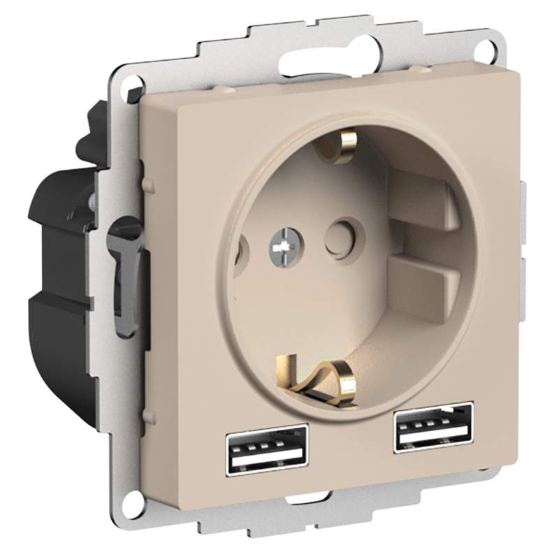 Розетка Systeme Electric серии AtlasDesign 16А C 2 Usb A+A, 5В/2,4А, 2Х5В/1,2А, Механизм, Песочный ATN001230  фото | Capital Power - инженерные системы
