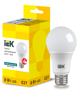 Лампа светодиодная ALFA A60 груша 8Вт 230В 4000К E27 (6шт) IEK LLA-A60-8-230-40-E27-6  фото | Capital Power - инженерные системы