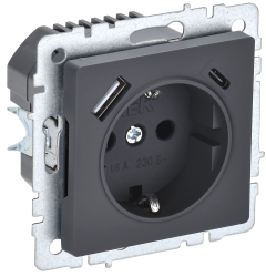 Розетка 1-местная с заземлением с защитными шторками 16А с USB A+C 18Вт РЮш11-1-БрГ графит IEK серии BRITE BR-R14-16-U22-018-K53  фото | Capital Power - инженерные системы