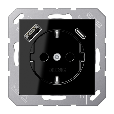 Розетка Jung A серия чёрный SCHUKO® с USB-интерфейсом с 1 гнездо USB типа A и 1 гнездо USB типа C A1520-15CASW A1520-15CASW  фото | Capital Power - инженерные системы