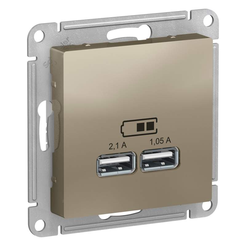 Розетка USB Systeme Electric серии AtlasDesign A+A, 5В/2,1 А, 2Х5В/1,05 А, Механизм, Шампань ATN000533  фото | Capital Power - инженерные системы