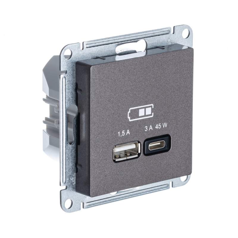 Розетка USB Systeme Electric серии AtlasDesign A + Тип-C 45Вт Высокоскор.Заряд. Qc, Pd, Механизм, Мокко ATN000629  фото | Capital Power - инженерные системы