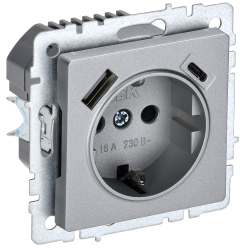 Розетка 1-местная с заземлением с защитными шторками 16А с USB A+C 18Вт РЮш11-1-БрА алюминий IEK серии BRITE BR-R14-16-U22-018-K47  фото | Capital Power - инженерные системы