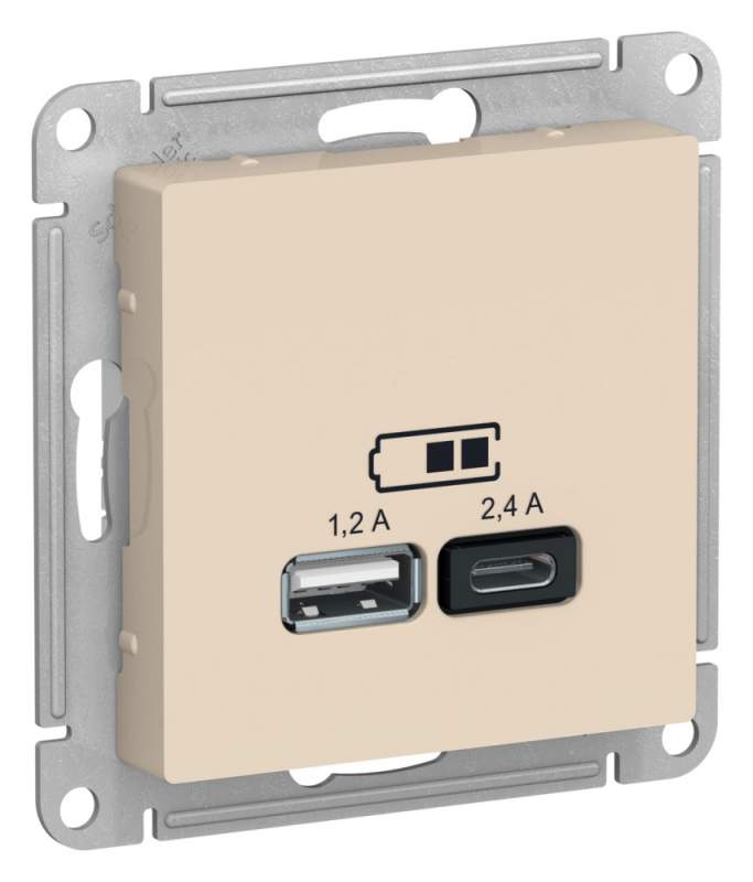 Розетка USB Systeme Electric серии AtlasDesign А+С, 5В/2,4А, 2Х5В/1,2А, Механизм, Бежевый ATN000239  фото | Capital Power - инженерные системы