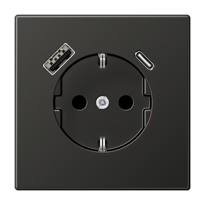 Розетка Jung LS серия Антрацит SCHUKO® с USB-интерфейсом с 1 гнездо USB типа A и 1 гнездо USB типа C LS серия Антрацит AL1520-15CAAN-L AL1520-15CAAN-L  фото | Capital Power - инженерные системы
