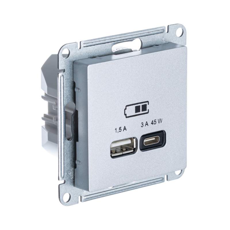 Розетка USB Systeme Electric серии AtlasDesign A + Тип-C 45Вт Высокоскор.Заряд. Qc,Pd, Мех.,Алюминий ATN000329  фото | Capital Power - инженерные системы