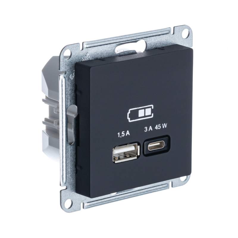 Розетка USB Systeme Electric серии AtlasDesign A + Тип-C 45Вт Высокоскор.Заряд. Qc, Pd, Мех., Карбон ATN001029  фото | Capital Power - инженерные системы