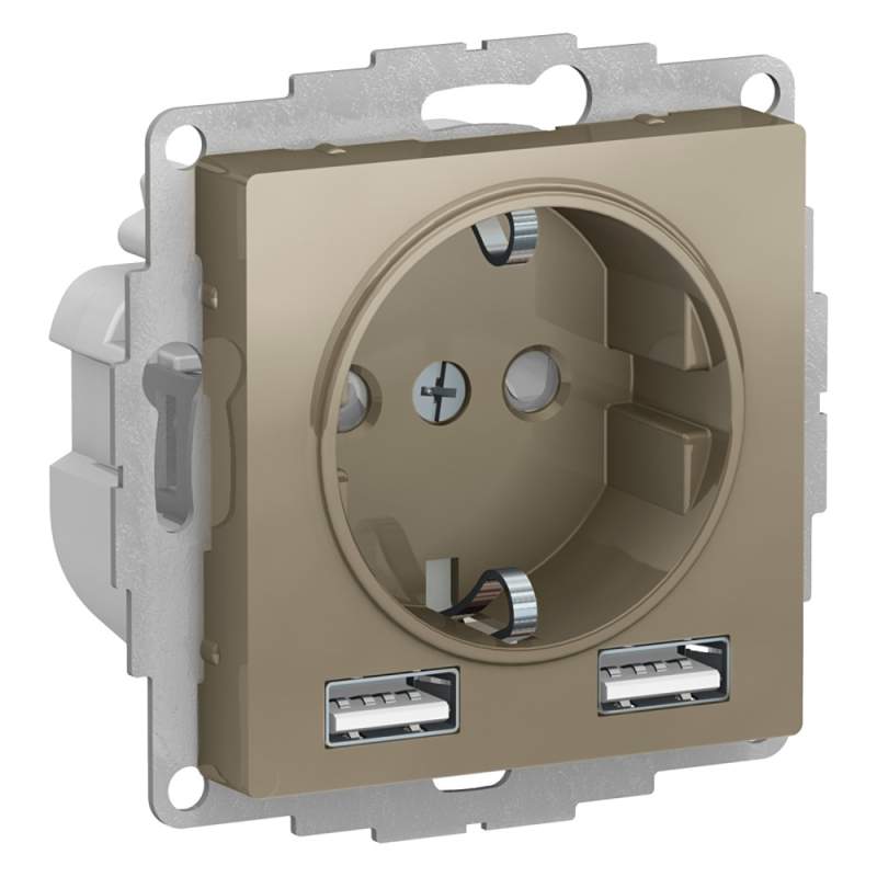 Розетка Systeme Electric серии AtlasDesign 16А C 2 Usb A+A, 5В/2,4А, 2Х5В/1,2А, Механизм, Шампань ATN000530  фото | Capital Power - инженерные системы
