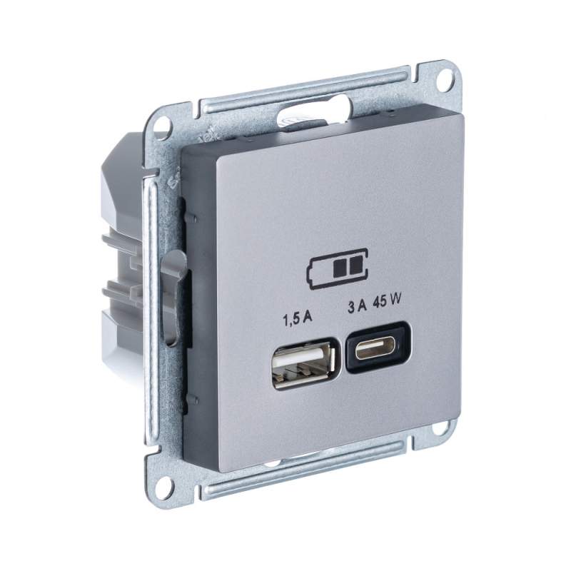 Розетка USB Systeme Electric серии AtlasDesign A + Тип-C 45Вт Высокоскор.Заряд. Qc, Pd, Механизм, Сталь ATN000929  фото | Capital Power - инженерные системы