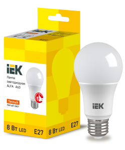 Лампа светодиодная ALFA A60 груша 8Вт 230В 3000К E27 (6шт) IEK LLA-A60-8-230-30-E27-6  фото | Capital Power - инженерные системы