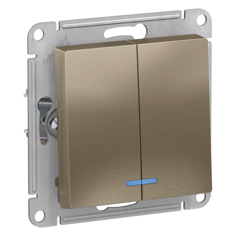 Выключатель 2-клавишный с подсветкой Systeme Electric серии AtlasDesignкой, Сх.5А, 10Ах, Механизм, Шампань ATN000553  фото | Capital Power - инженерные системы